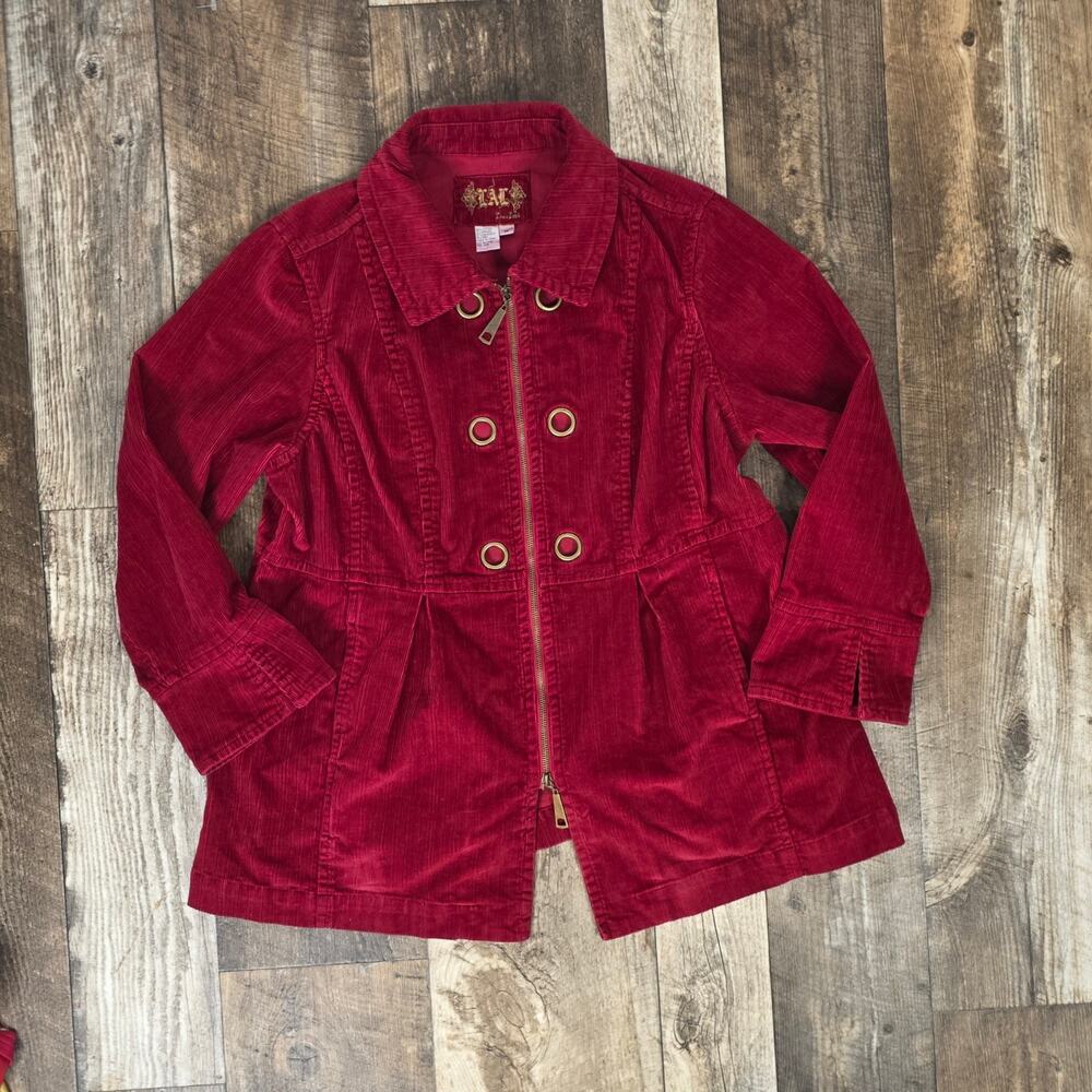 Y2K Red Corduroy Jacket Double Zip Military Utility Coat Plus Size 1X